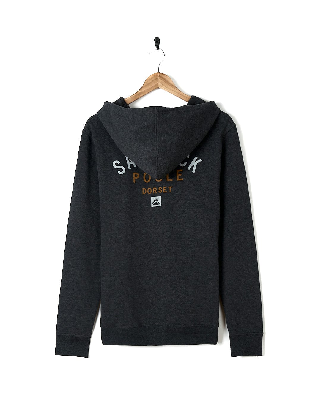 A Location Zip Hoodie - Poole - Dark Grey by Saltrock with the words 'shake police' on it.
