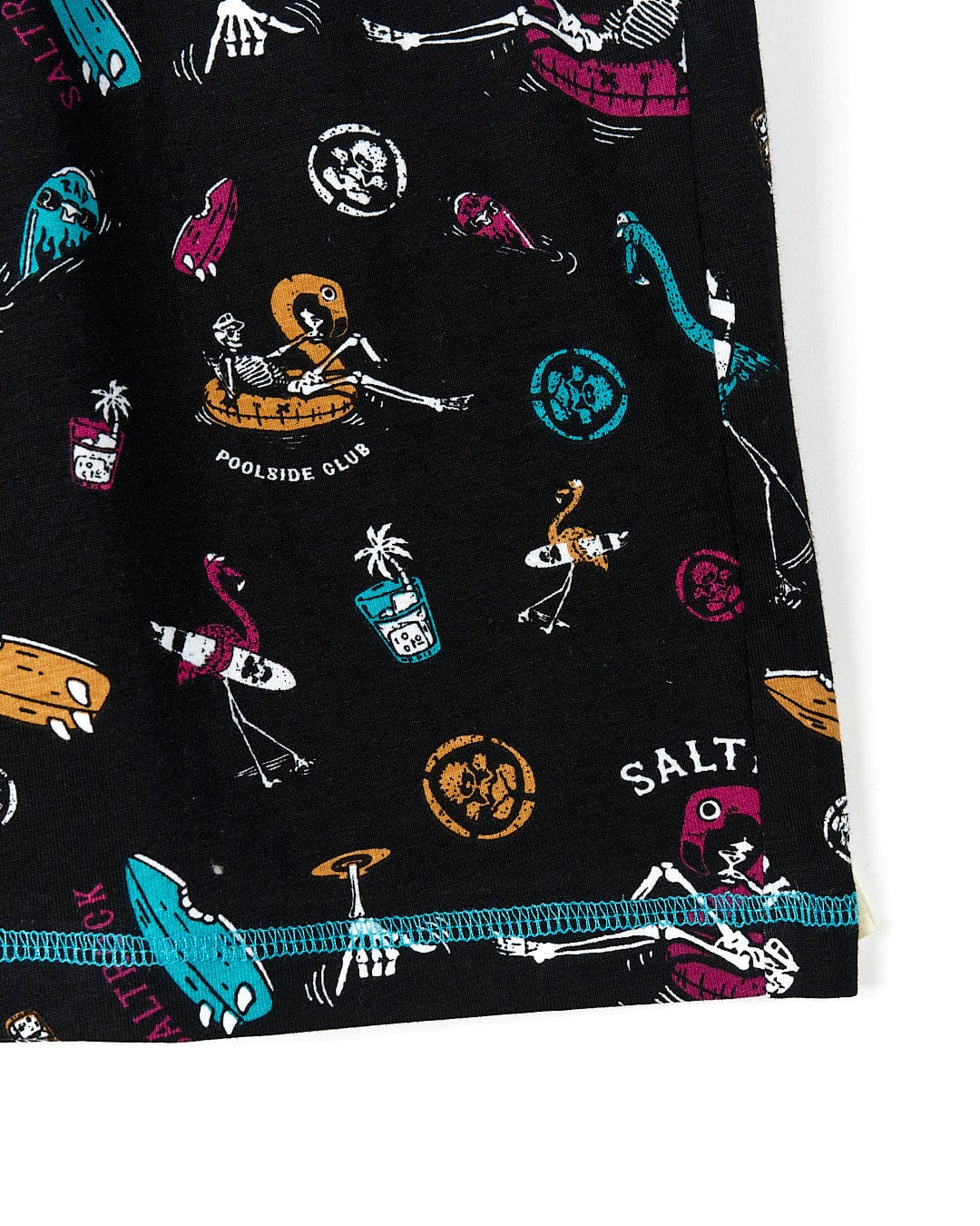 A Saltrock Poolside Mash - Kids All Over Sweat Short - Black with colorful designs on it.