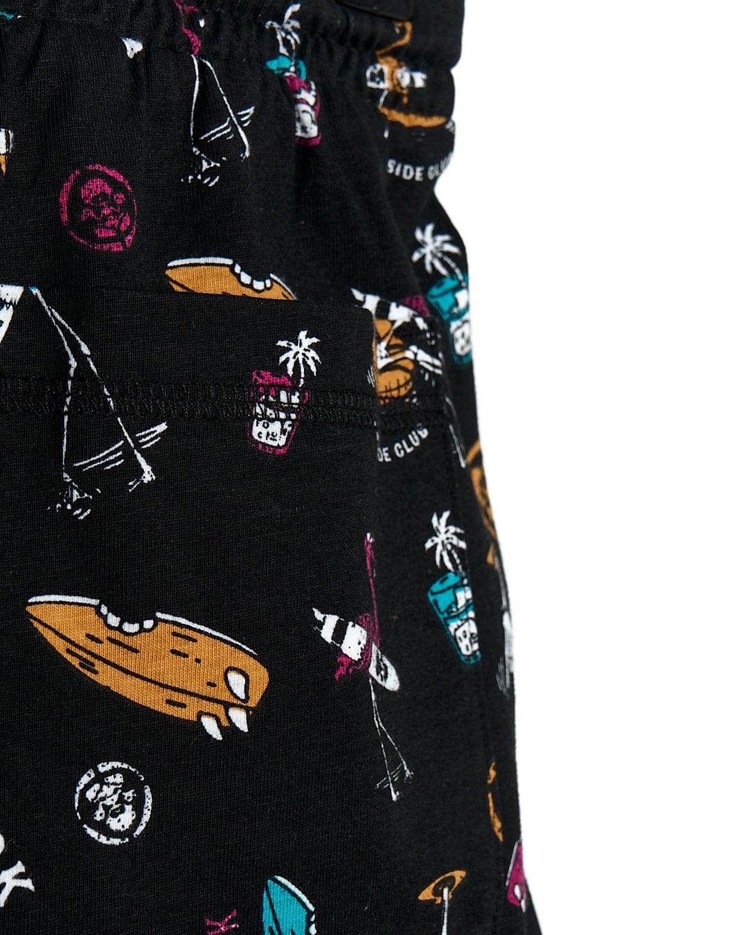 A Poolside Mash - Kids All Over Sweat Short - Black with surfboards and Saltrock on it.
