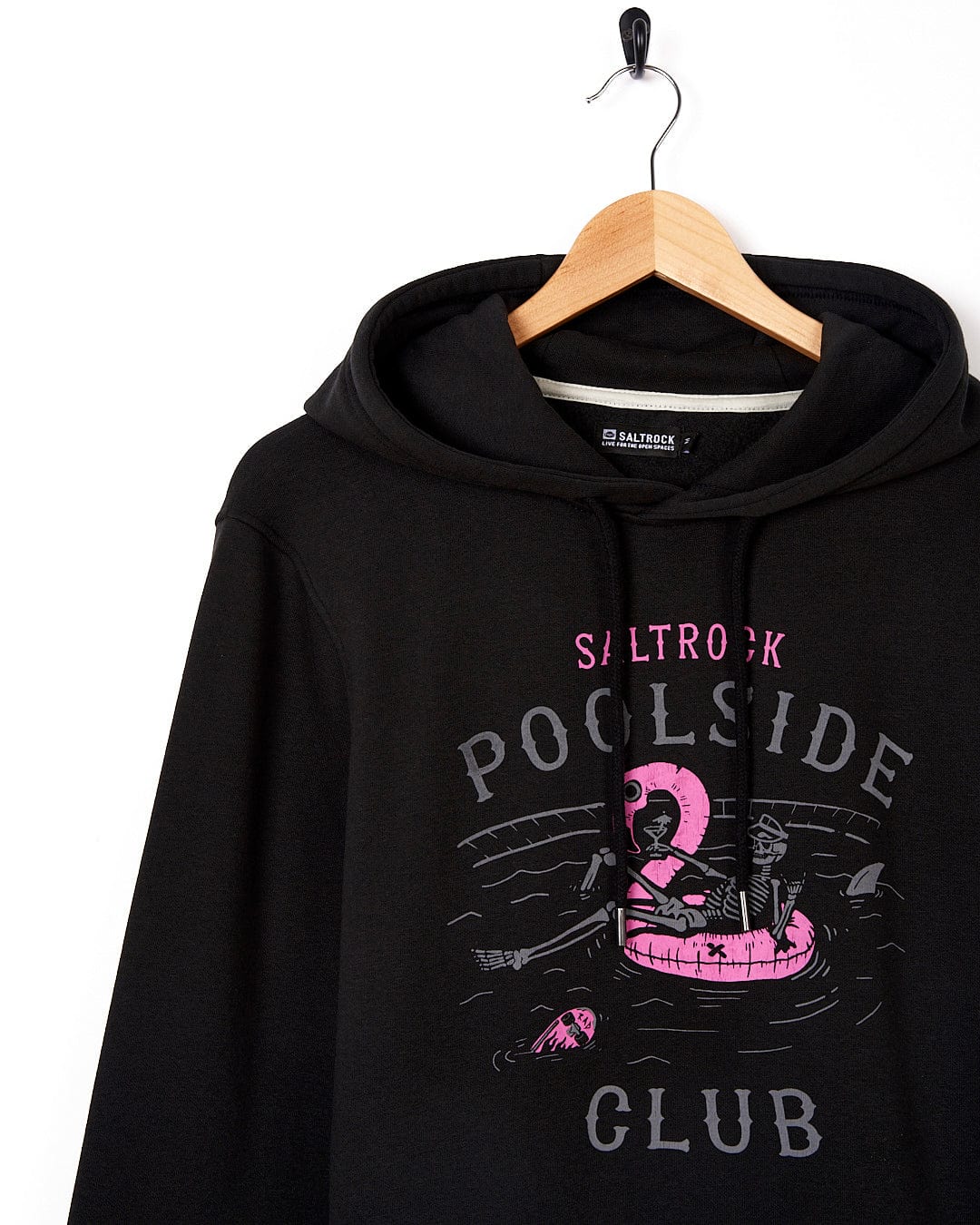 A black hoodie with the words "poolside club" on it, called the Poolside - Mens Pop Hoodie - Black by Saltrock.
