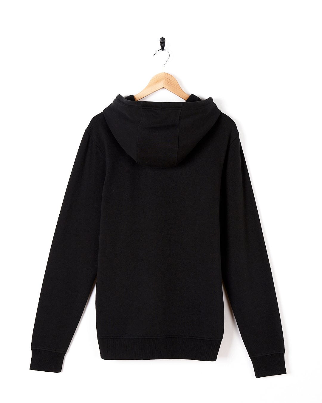 A Poolside - Mens Pop Hoodie - Black by Saltrock hanging on a white wall.