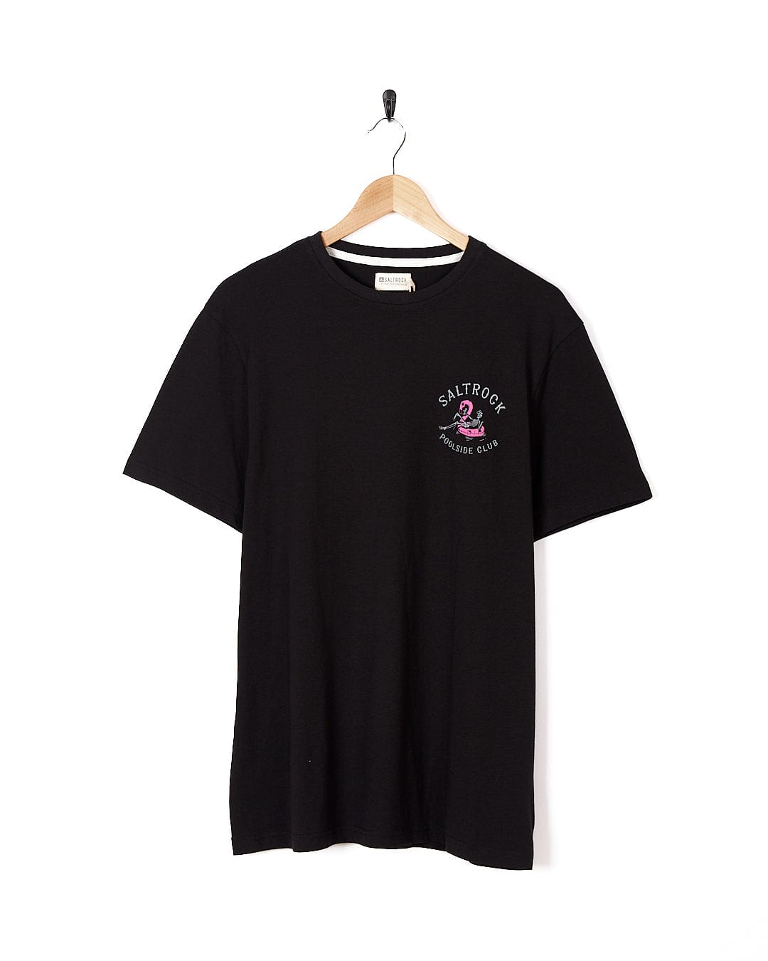 A Poolside - Women's Short Sleeve T-Shirt - Black with a pink flower on it. (Saltrock)