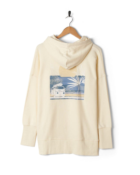 Beige Saltrock hoodie with a sunset campervan and palm tree graphic print, hanging against a white background.