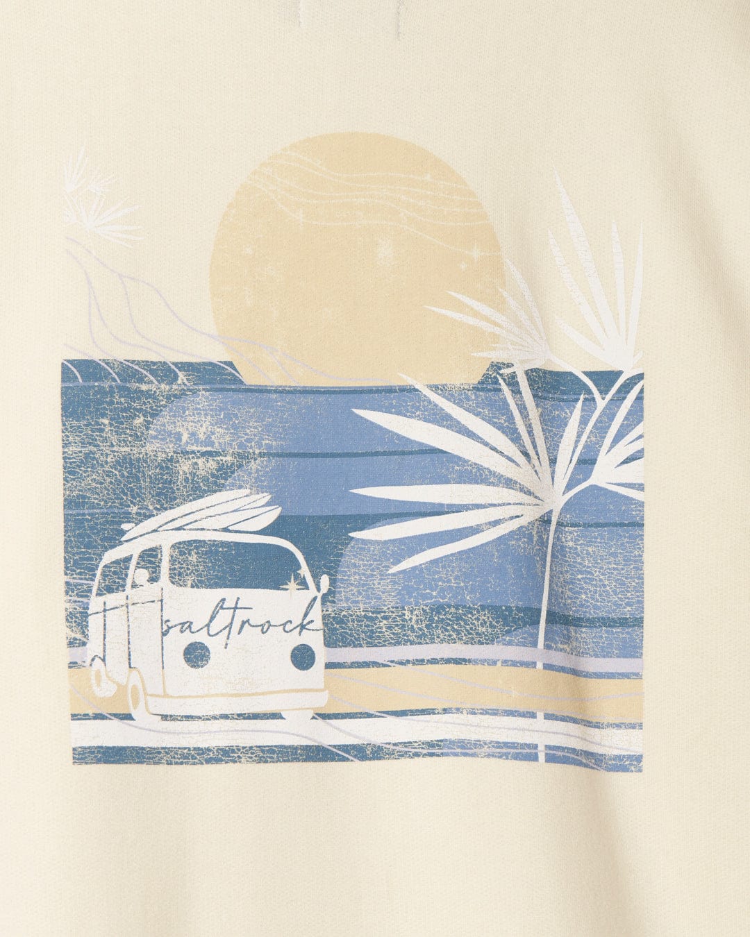 Graphic print of a campervan by the seaside with palm trees and sunset on a Saltrock branded fabric background.