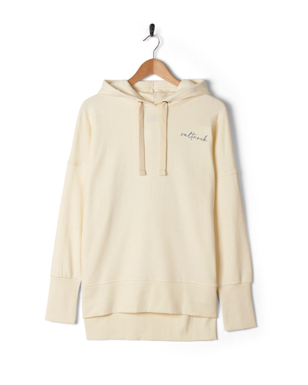 Cream-colored Poster - Womens Pop Hoodie with Saltrock branding hanging on a wooden hanger against a white background.