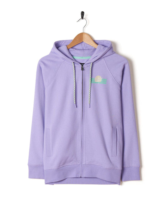 A Lilac Saltrock Womens Zip Hoodie with a logo on it featuring a sunset design.