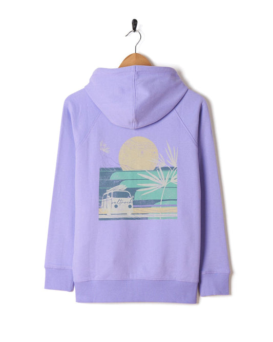 A Lilac Saltrock womens zip hoodie with an image of a beach and palm trees during sunset.