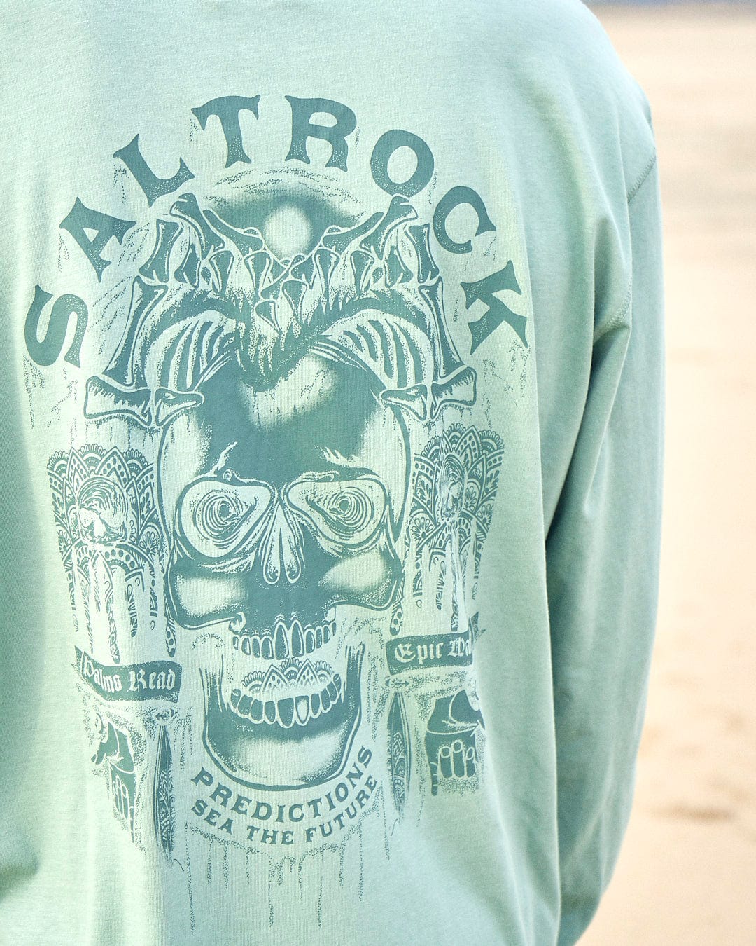 Saltrock Predictions - Mens Long Sleeve T-Shirt - Light Green with skull graphics.