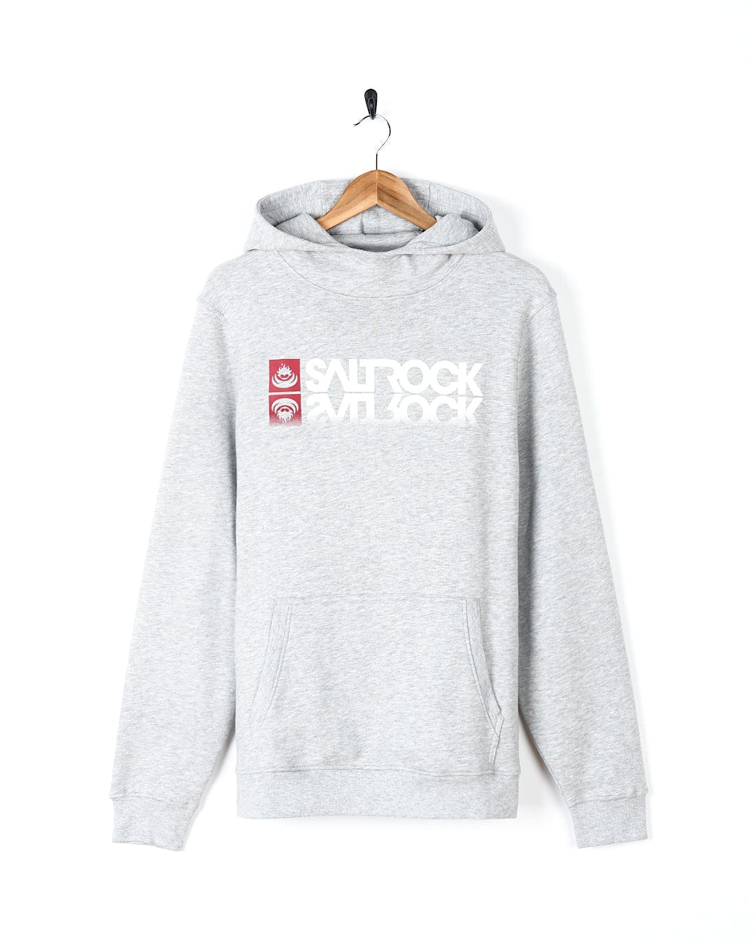 A Saltrock Reflect - Mens Pop Hoodie - Grey with a red logo on it.