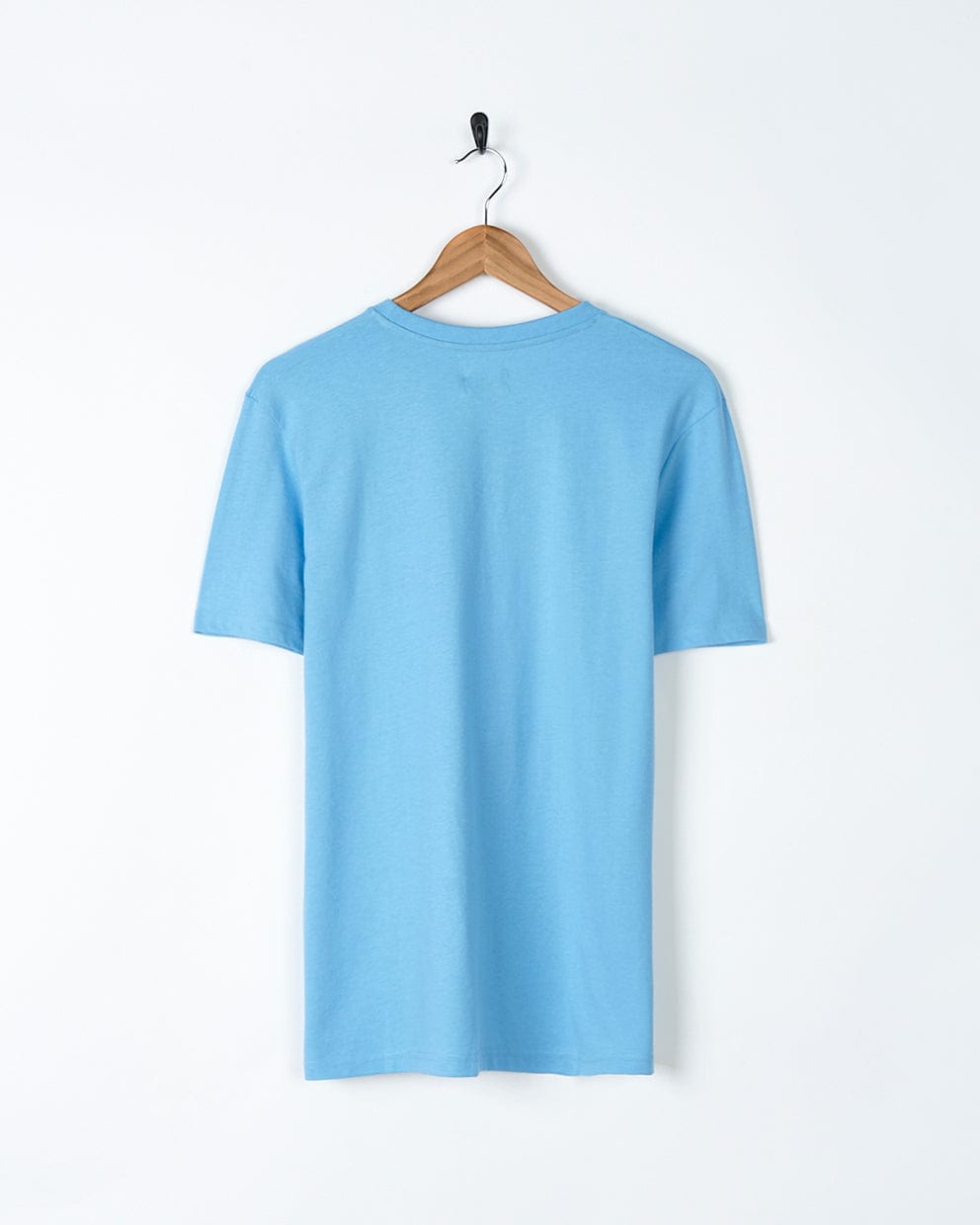 A Reflect - Mens T-Shirt - Blue by Saltrock, with a crew neck, hanging on a hanger.