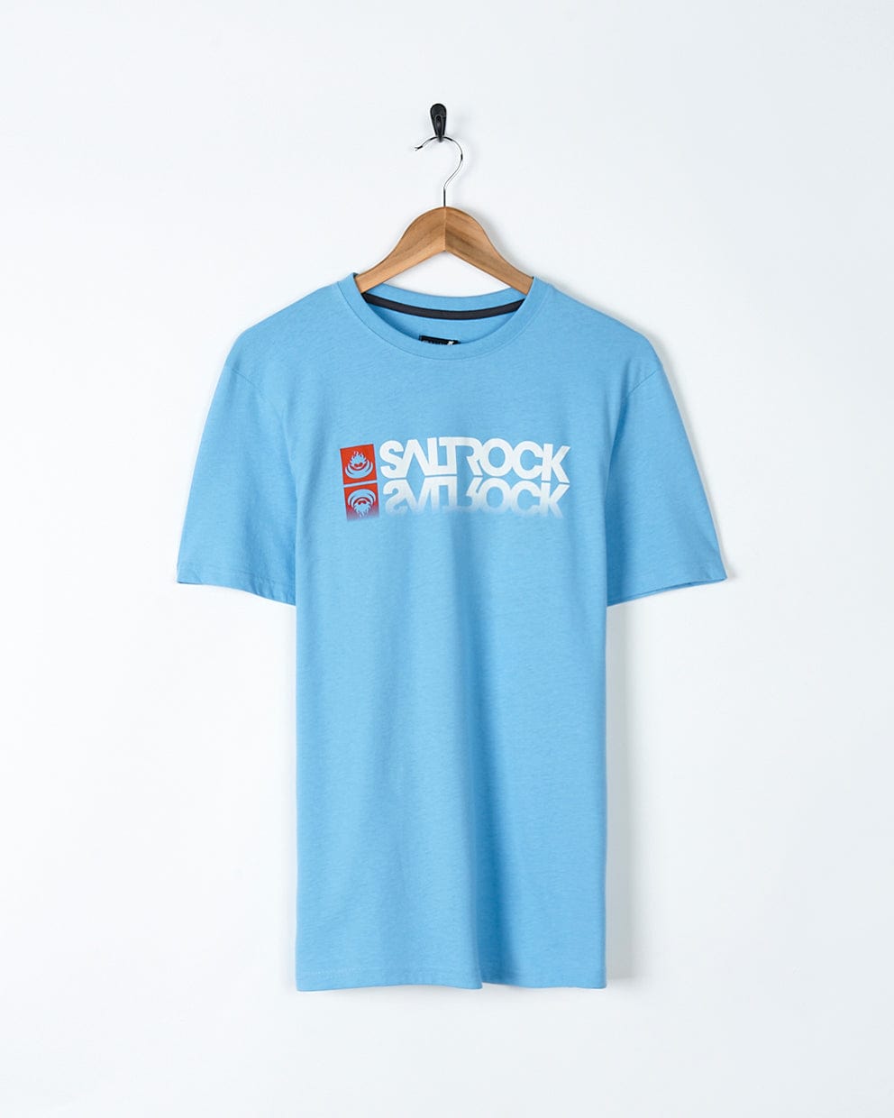 A Reflect - Mens T-Shirt - Blue by Saltrock with a white logo on it. The shirt is made of a Cotton/Polyester blend and has a crew neck.