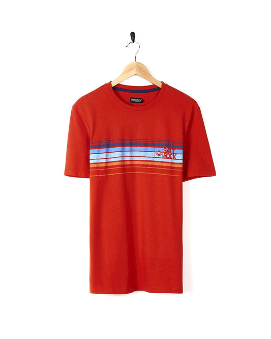 A Retro Carve - Mens Short Sleeve T-Shirt - Red with a retro stripe design. Brand: Saltrock