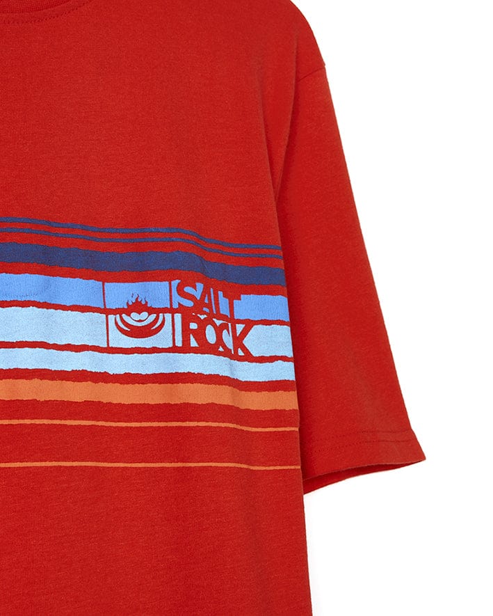 A Retro Carve - Mens Short Sleeve T-Shirt - Red by Saltrock with a retro stripe design.