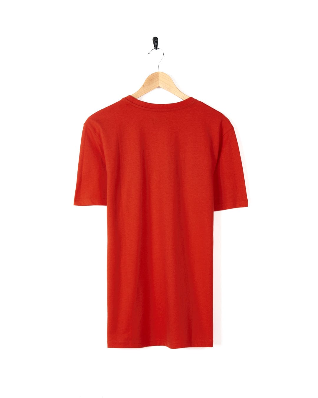 A Retro Carve - Mens Short Sleeve T-Shirt - Red by Saltrock with a retro stripe design hanging on a hanger.