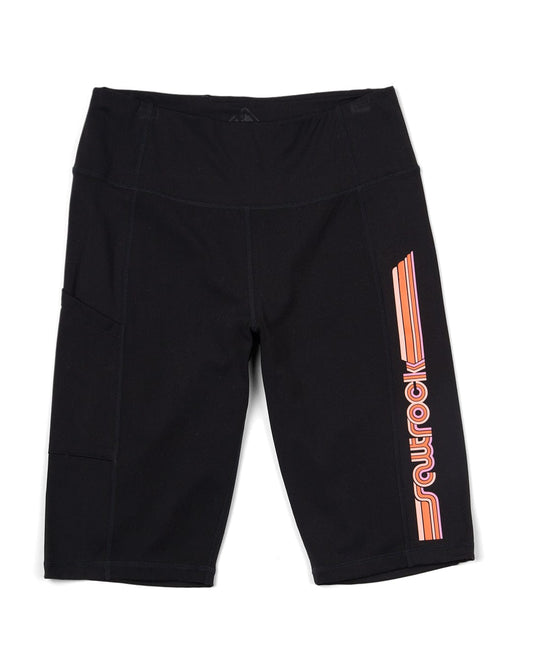 A Retro Ribbon - Womens Cycling Short - Black with a logo on it. Made from a super soft fabric. Machine washable. Saltrock