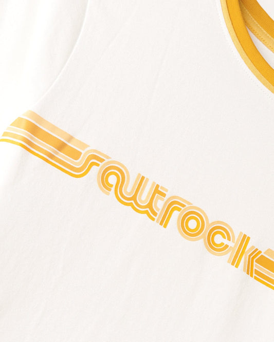 Close-up of a Saltrock Retro Ribbon - Womens Shorts Sleeve T-Shirt - White with the text "southern rock" printed in an orange font, highlighted by retro stripes.