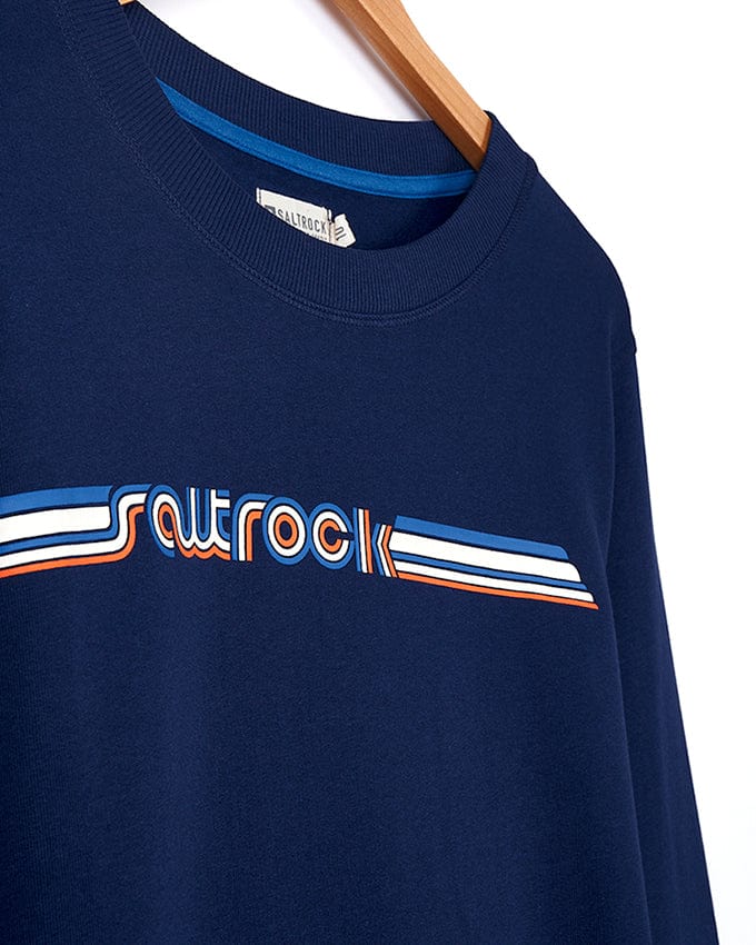 A Retro Ribbon - Womens Sweat - Blue striped t-shirt with the brand name Saltrock on it.