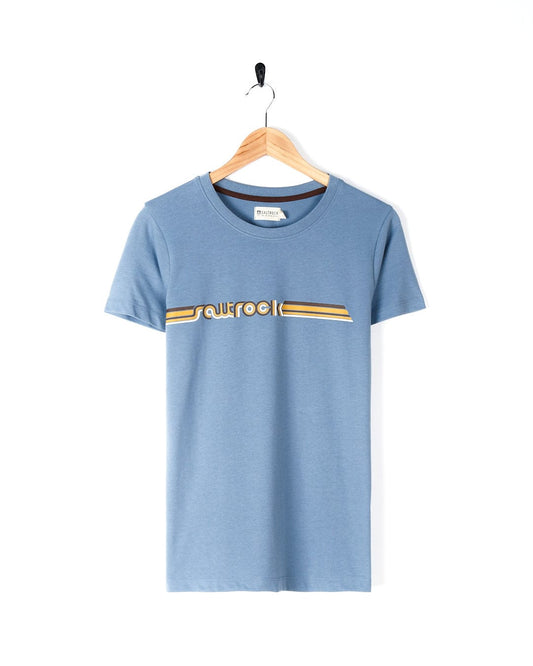 A lightweight cotton blend Retro Ribbon - Womens Short Sleeve T-Shirt - Light Blue with a retro ribbon tee design featuring Saltrock branding.