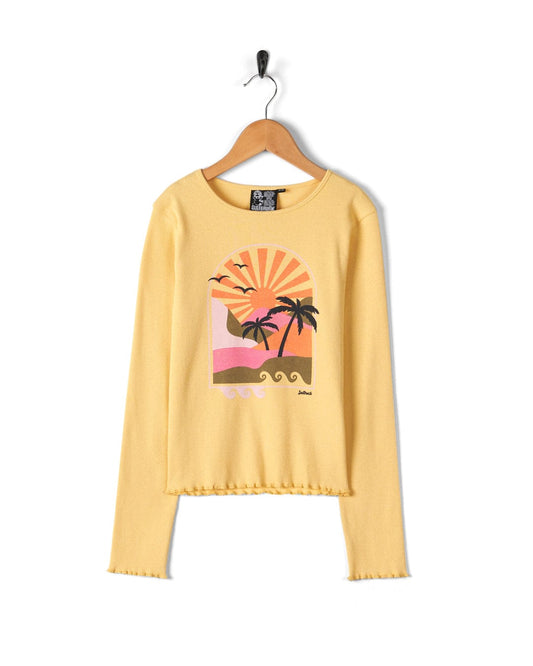 A Saltrock yellow t-shirt with a Retro Seascape print of a beach and palm trees.