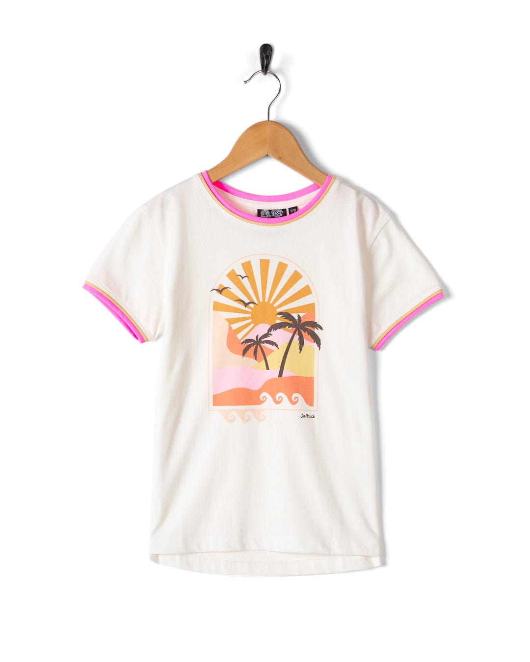A Retro Seascape Kids Short Sleeve T-Shirt in white with pink trim on a 100% Cotton swinger by Saltrock.