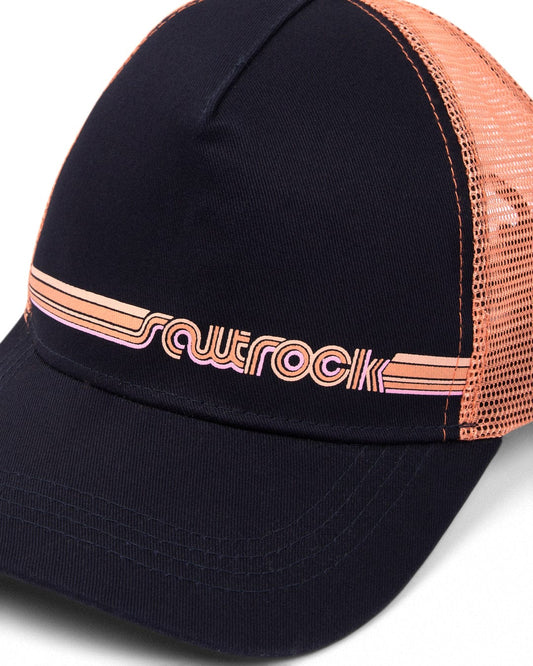 Navy and orange Retro Stripe Trucker Cap with "squerock" text and Saltrock branding on the front.