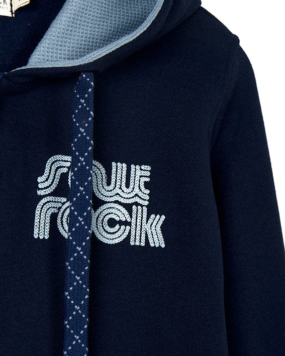 A Retro Wave Emb - Womens Zip Hoodie - Blue with front pockets and Saltrock branding embroidered on it.