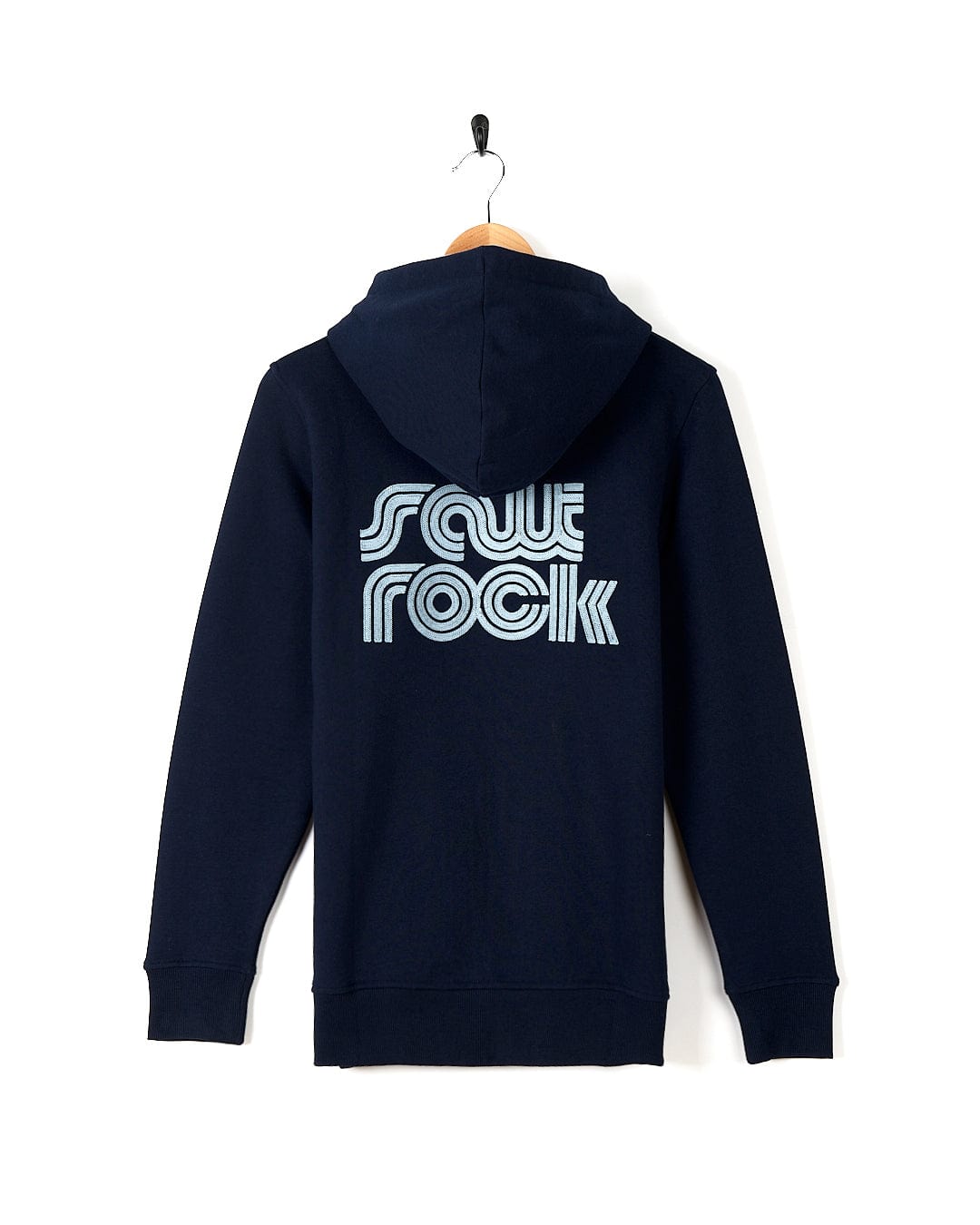 A Retro Wave Emb - Womens Zip Hoodie - Blue Saltrock with the word squee rock on it featuring front pockets and hood lining.