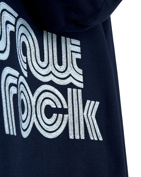 The Retro Wave Emb - Womens Zip Hoodie - Blue features the Saltrock branding with the word 'save rock'on it, while offering additional functionalities like front pockets and a hood lining.