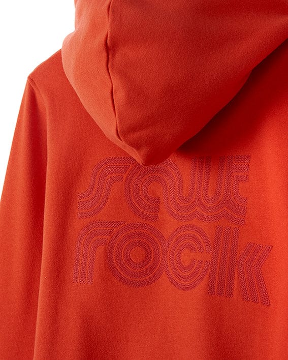 A Retro Wave Embroidered - Womens Zip Hoodie - Red with the word rock on it, featuring subtle Saltrock branding and embroidered Saltrock branding.