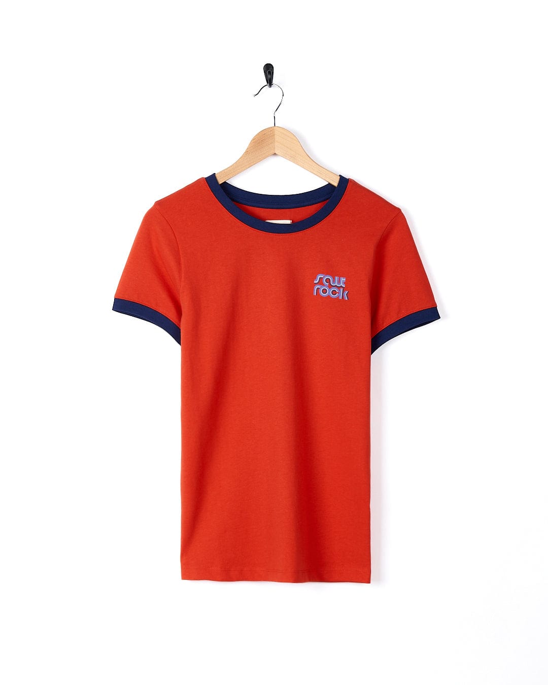 A Retro Wave Mini - Womens Short Sleeve T-Shirt - Red featuring blue trim and Saltrock branding.
