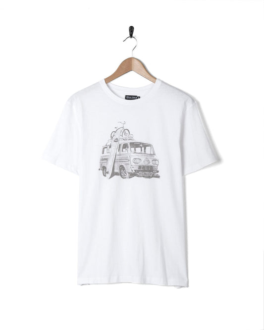 A Saltrock white t-shirt with a graphic of a truck on it.