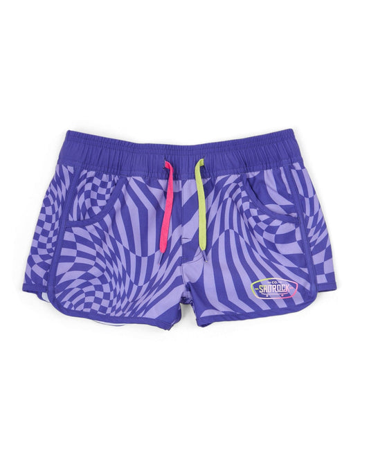 A girl's Rezz Kids Boardshorts in Purple with geometric print and colorful stripes by Saltrock.