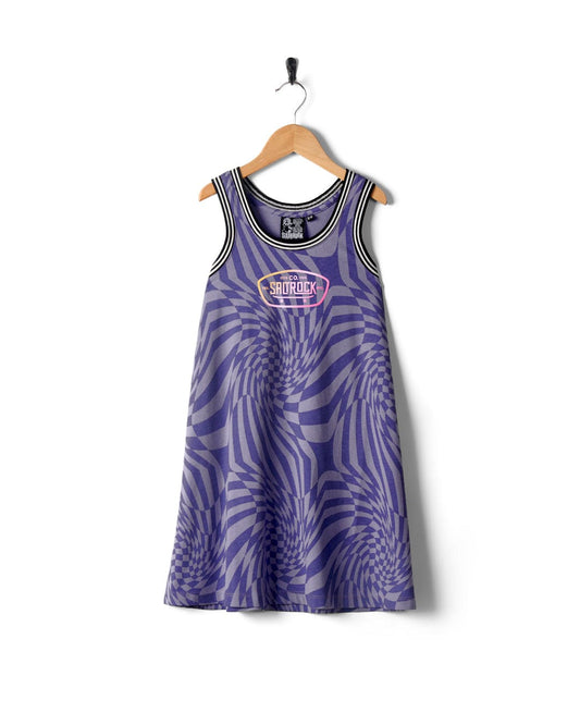 Saltrock Purple and blue geometric print basketball jersey hanging on a wall-mounted hook.