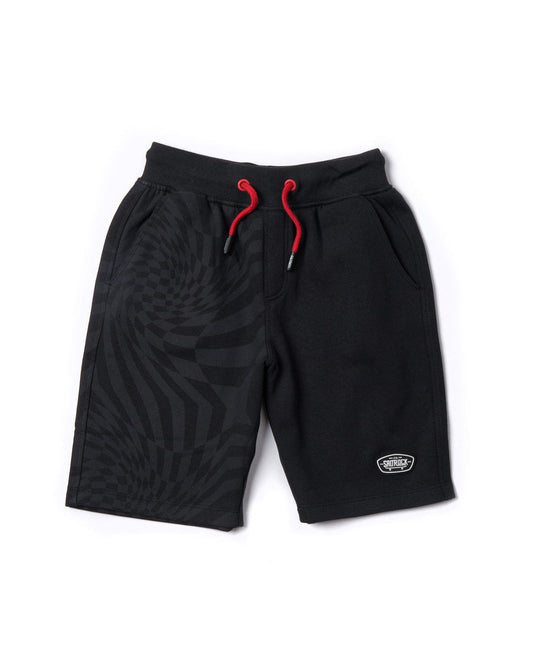 A Rip It - Kids Sweatshort in black and red with a geometric print design by Saltrock.