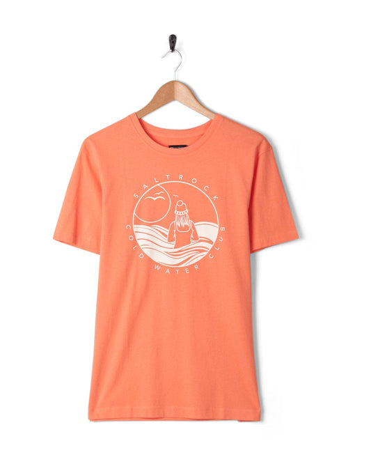 A graphic peach cotton t-shirt featuring a lighthouse image by Saltrock.