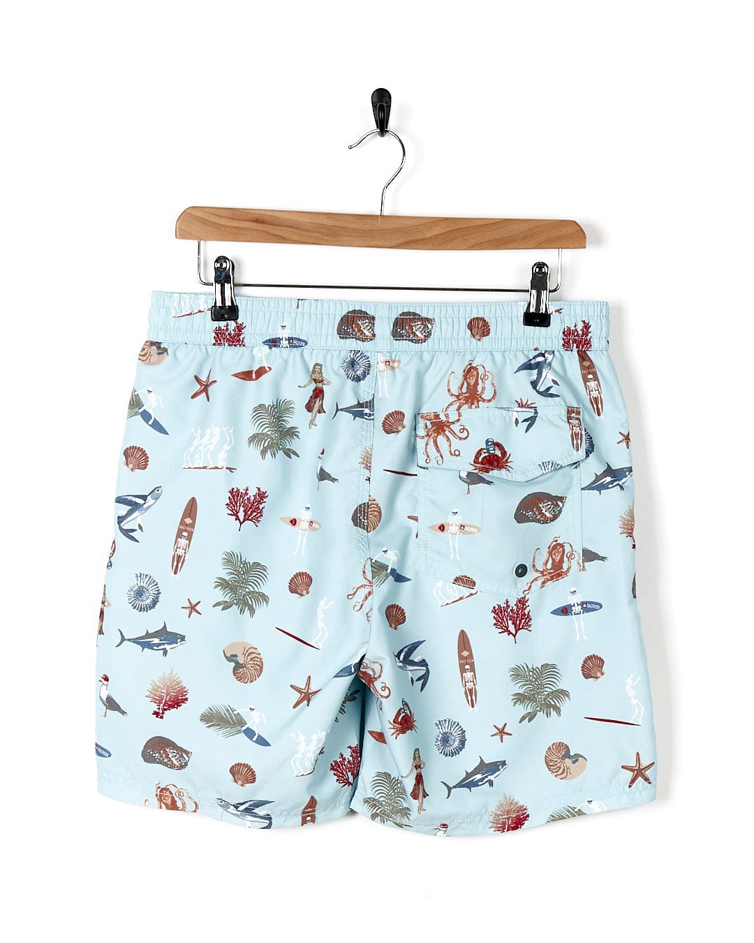 A Saltrock - Ruan Mens Swimshorts - Light Blue with sea creatures on it.