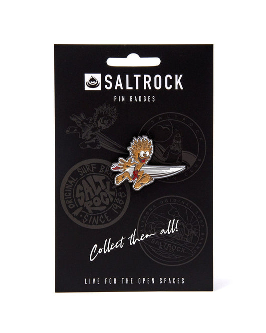 A Saltrock pin badge packaging with a single Running Man - Pin Badge - Brown enamel pin attached.