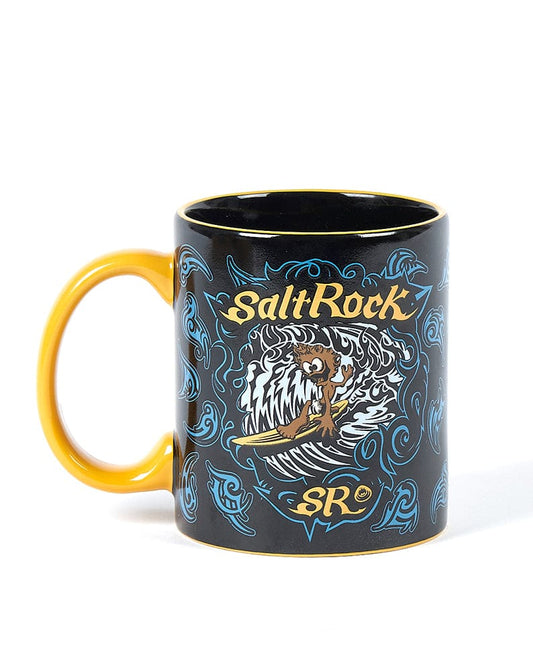 A Running Man Tube - Mug - Black ceramic mug with a surfboard graphic from Saltrock.