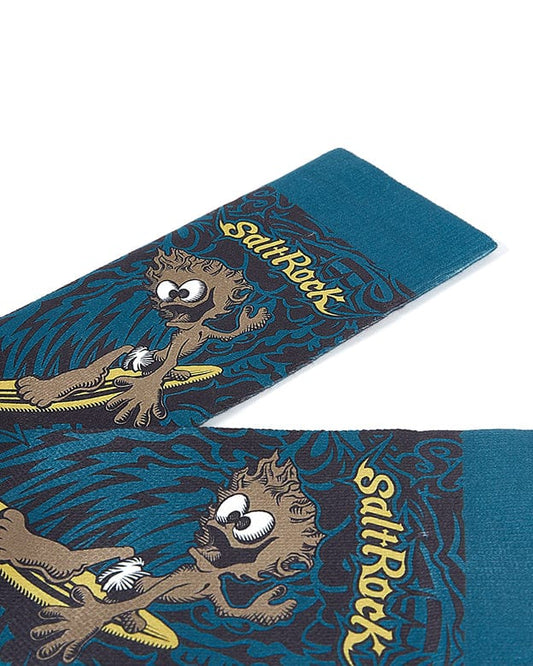 A pair of Saltrock Running Man Tube - Mens Socks - Blue with a cartoon character on them.