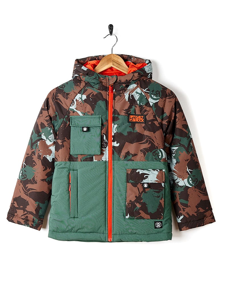 A Saltrock coat on a swinger, specifically the Sabotage - Kids Padded Camo Jacket in Dark Green.