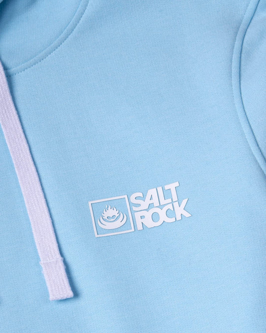 A close-up of a Saltrock Original - Mens Pop Hoodie in light blue soft jersey material with Saltrock branding on the lower right corner.
