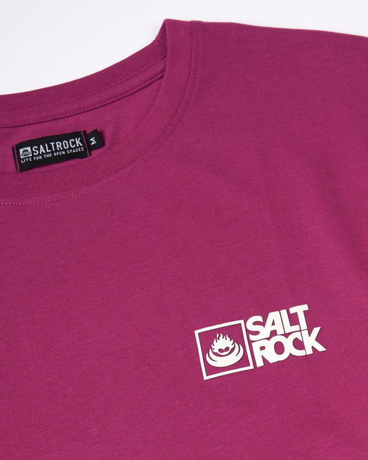 Close-up view of a maroon Saltrock Original - Men's Short Sleeve T-Shirt - Burgundy focusing on the chest area with a visible logo and Saltrock branding on the collar.