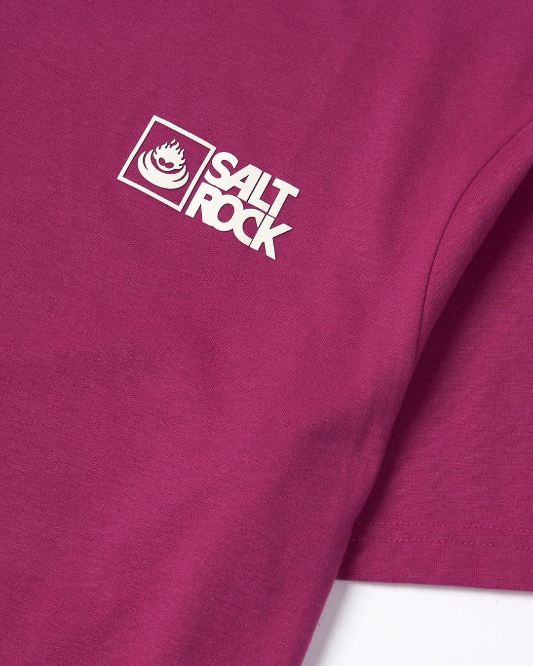Close-up of a Saltrock Original - Mens Short Sleeve T-Shirt in burgundy with a white "Saltrock" logo on the chest.