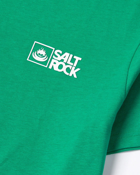 Close-up of a Saltrock Original - Mens Short Sleeve T-Shirt - Green with a white "Saltrock" branding logo featuring a stylized wave inside a circle.