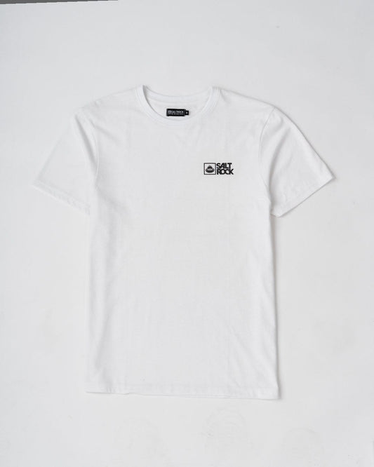A Saltrock Original - Mens Short Sleeve T-Shirt in White, crafted from lightweight material with a small black Saltrock logo on the left chest area, displayed against a white background.