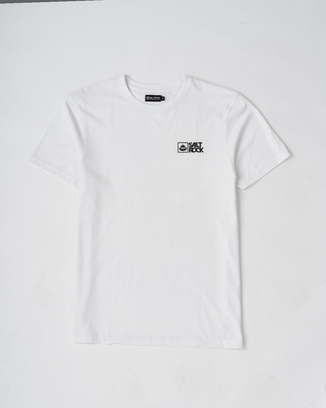 A Saltrock Original - Mens Short Sleeve T-Shirt in White, crafted from lightweight material with a small black Saltrock logo on the left chest area, displayed against a white background.