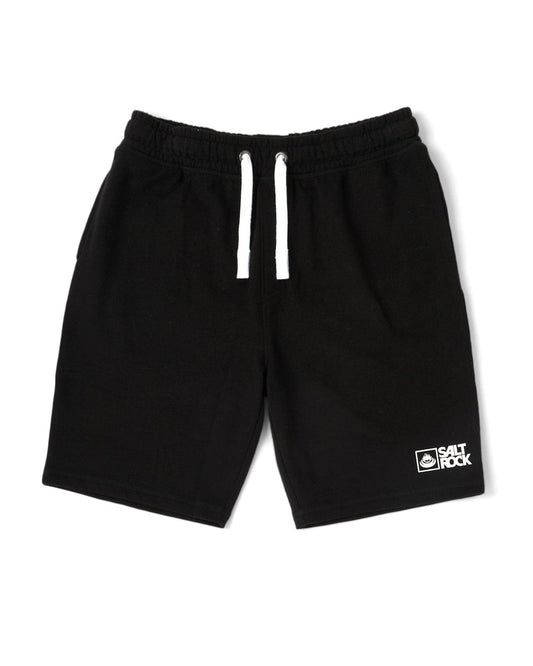 A black Saltrock Original - Mens Short with an elasticated waist and a white Saltrock branding logo on it.