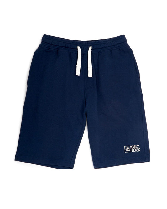 Navy blue Saltrock Original sweat shorts with an elasticated waist, drawstrings, and a Saltrock branding logo on the left leg.