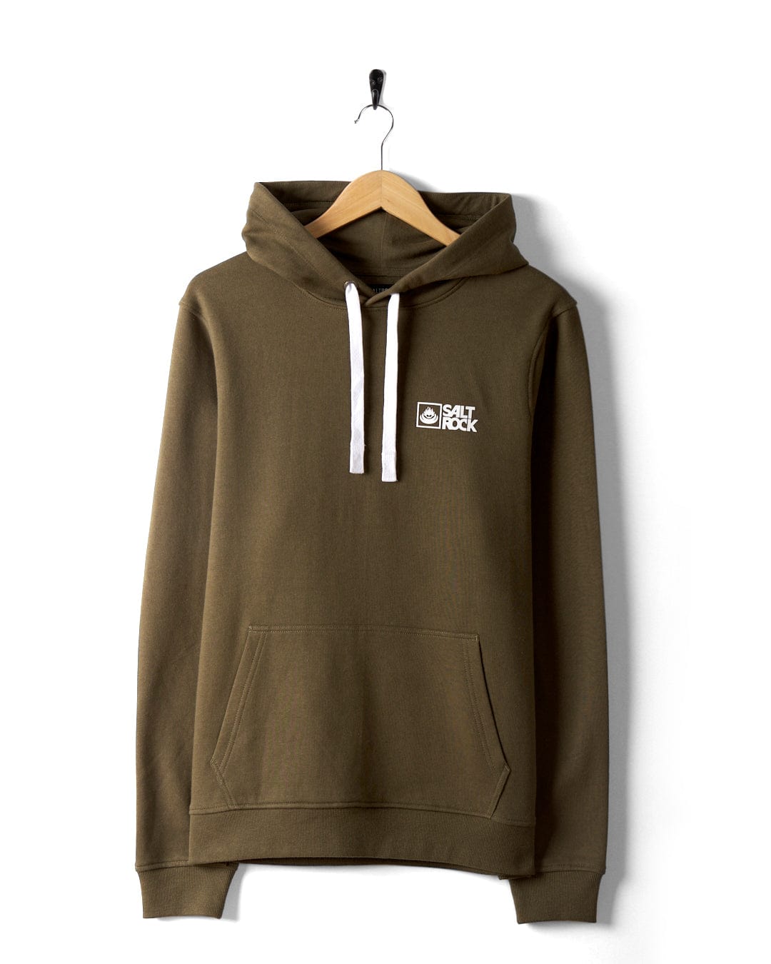 The Saltrock Original Men's Pop Hoodie in green, made from soft jersey, includes a front pocket and white drawstrings on the hood. It hangs on a wooden hanger with subtle Saltrock branding on the left chest.