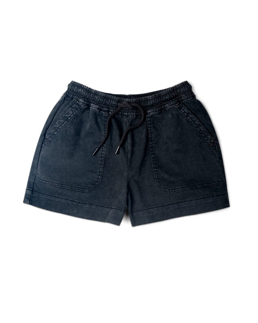 Dark denim-look shorts with an elasticated waist, displayed flat on a white background.